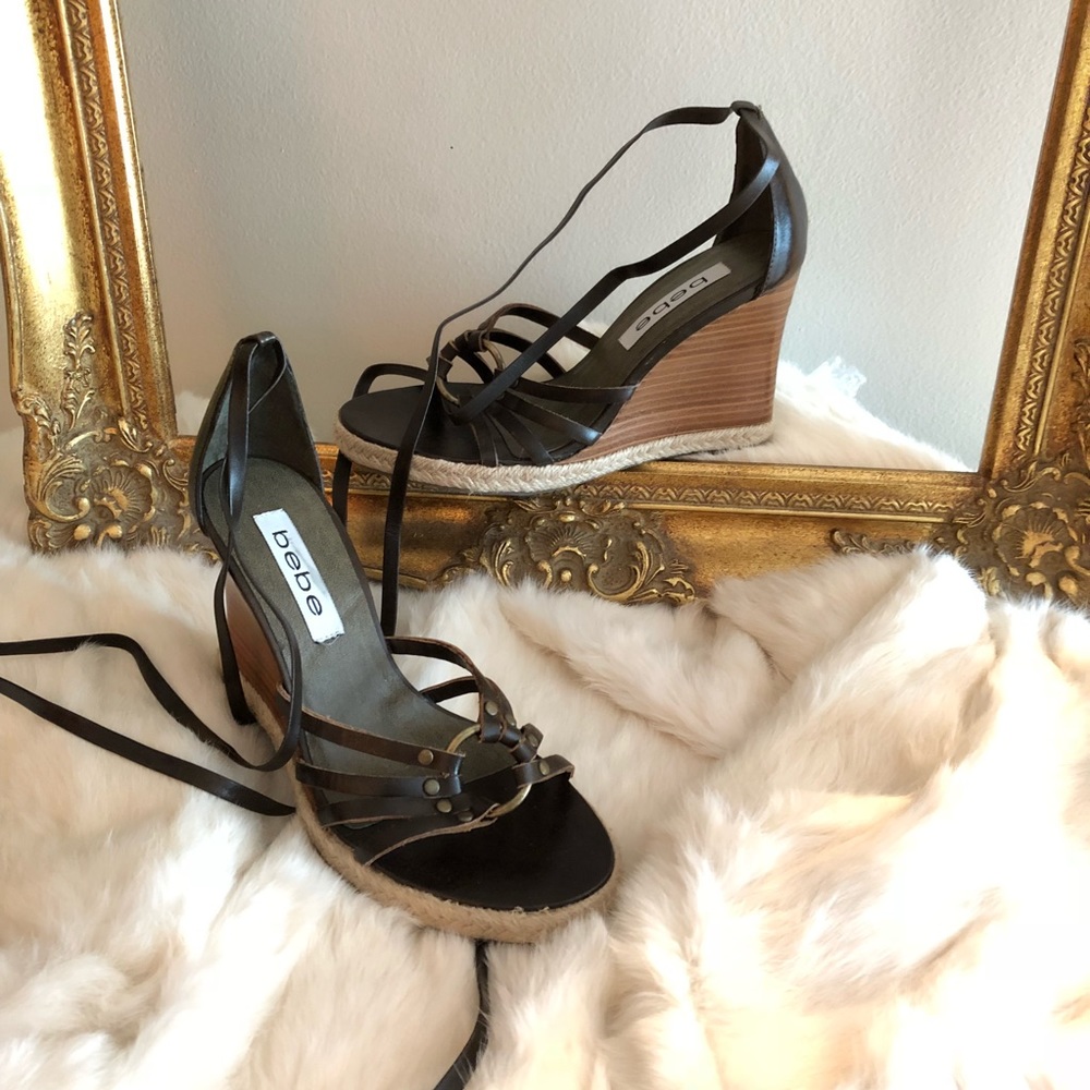 Bebe strappy Brown Leather wedge sandals 7b